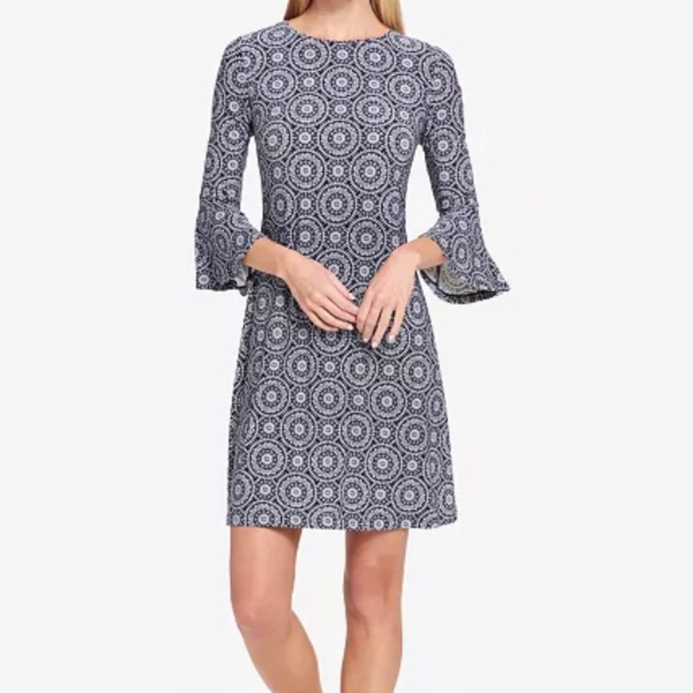 Tommy Hilfiger Printed Jersey Bell Sleeve A-line Dress size 6P Navy